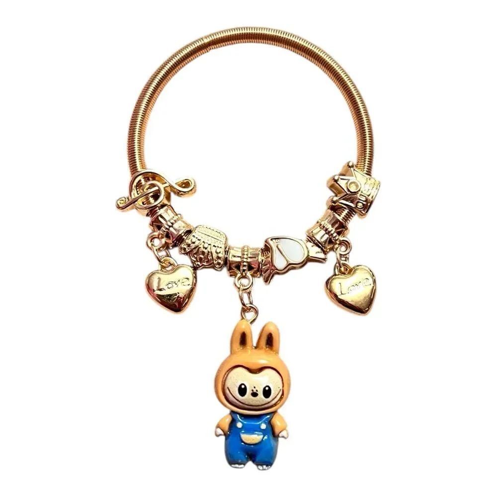 🤯5/$25🤯 Stretchy Tan Labubu Love Heart Crown Note Gold Child’s Charm Bracelet